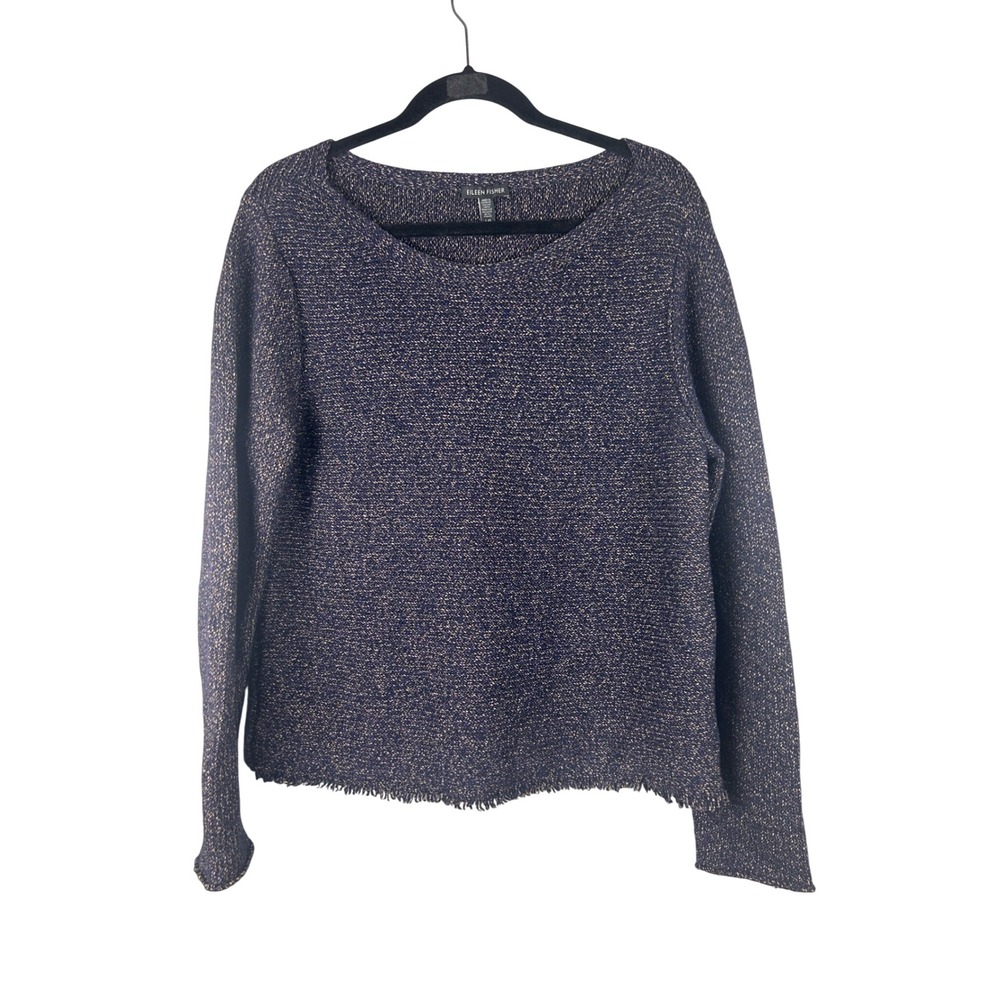 Eileen Fisher Purple Wool Blend Fringe Hem Marled Knit Sweater Size Large